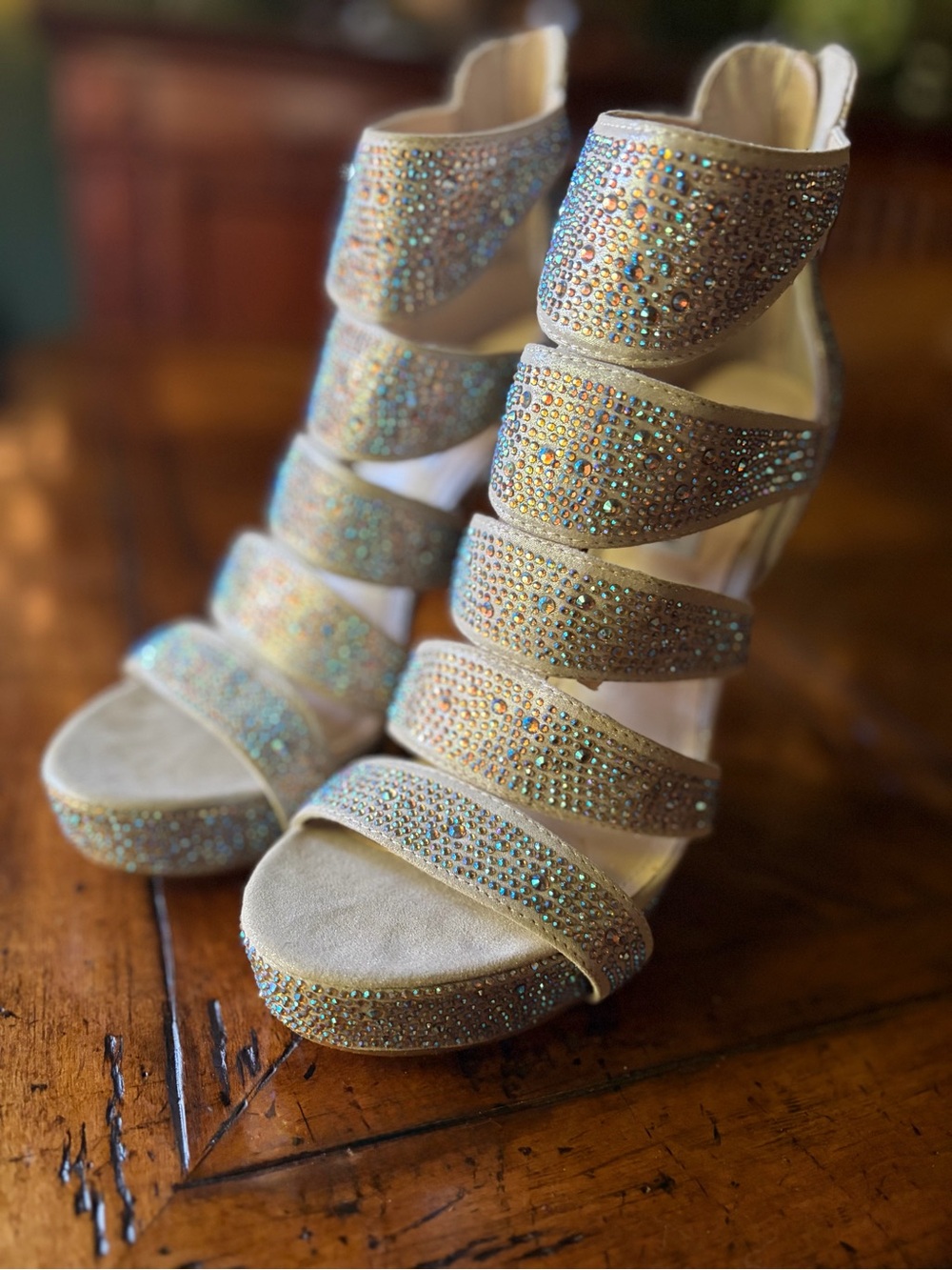 Steve Madden Champagne Rhinestone Multi-Strap Platform Heels #1166